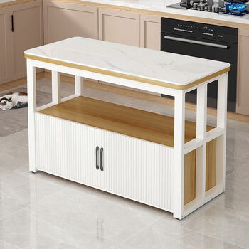Fantasy kitchen storage cabinet slate vegetable cutting table floor-standing multi-layer kitchen island multi-functional storage rack microwave cabinet length 60 width 30 height 80 thickened load-bearing white frame light walnut 2.5x5 steel frame slate style