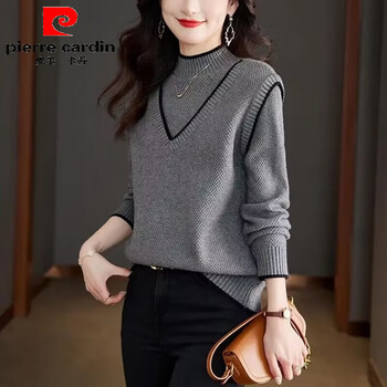 Pierre cardin fake two piece spliced half turtleneck sweater bottoming sweater new year red women's 2026 autumn and winter new thickened gray xl