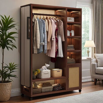 Fantasy solid wood floor-standing movable wardrobe hanger storage cabinet hanging clothes rack home bedroom entry locker integrated rotation alpine old bamboo whole rack 100 long walnut color