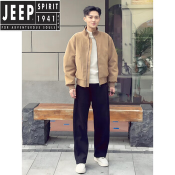 Jeep spirit khaki suede baseball cotton jacket men's winter thickened warm stand-up collar bomber jacket khaki m (100-115 pounds)