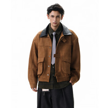 Derejerine maillard deerskin short work jacket for men and women street vintage handsome niche casual motorcycle jacket brown l