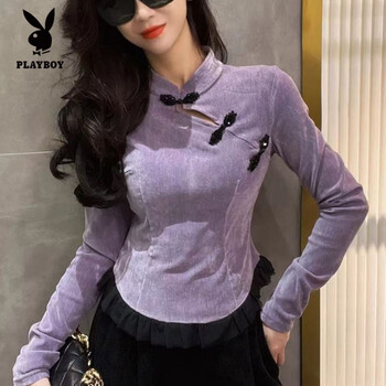 Playboy (playboy) retro new chinese style national style gold velvet top women spring autumn winter new slim fit western style long sleeve women's clothing purple l 110-120 jin