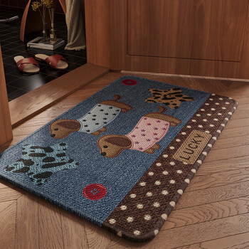Fantasy toilet entrance bathroom non-slip mat bathroom floor mat imitation woven linen wear-resistant water-absorbent quick-drying foot-wiping carpet denim polka-dot sausage dog 80cmx120cm high-density weaving water-absorbent and non-slip