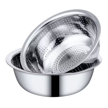 Tuojin extra thick 304 stainless steel leaky basin food grade vegetable washing drain basin rice washing basin kitchen two-piece set rice sieve draining dishes 304 solid basin + leaky basin 1 each 36cm total 2 pieces