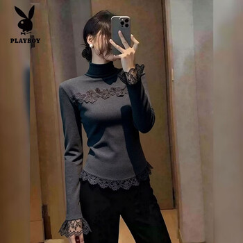 Playboy (playboy) large size german velvet bell sleeve half turtle collar long sleeve top women 2025 autumn and winter new loose slim bottoming shirt for women dark gray warm 250g german velvet s under 95 jin