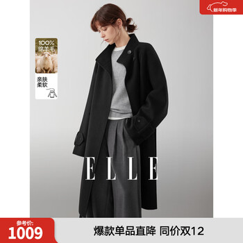 Elle 100% sheep wool black high-end sense long double-sided woolen coat for women 2025 winter new year new coat black s