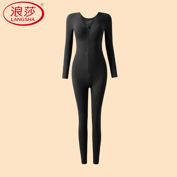 Langsha (langsha) velvet mermaid winter brushed hair thermal long-sleeved trousers thick belly-control zipper-breasted one-piece shapewear 8118#brushed warm zipper long clothing#black burst l suitable for 109-123 pounds
