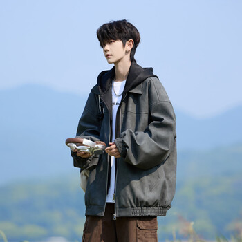 Shelley jones fake two-piece pu leather jacket men's jacket spring and autumn new ins loose trendy brand hooded casual top clothing dark gray 5xl recommended 190-220 pounds