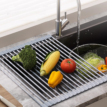 Fu jian foldable silicone drain rack kitchen sink dish rack filter water rolled drainage basin pad water plate folding storage rack silicone drain rack gray-43*33cm