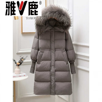 Yalu 2026 new temperament white duck down jacket with enlarged fur collar, waist and thickened long versatile warm winter women's coat gray gray raccoon real fur collar s