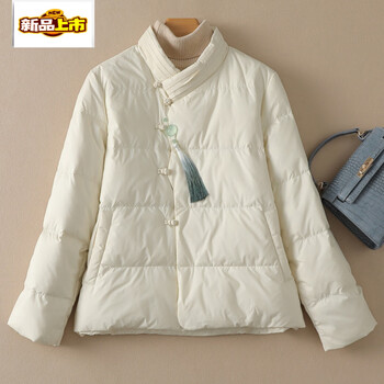 Chujing winter new chinese style tassel buckle v-neck short down jacket literary retro outer beige m suitable for 100-130 pounds