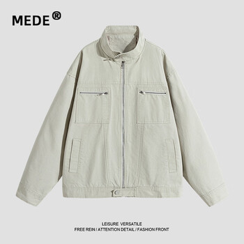 Mede washed deconstructed split detroit jacket men's spring and autumn pure cotton workwear stand-up collar jacket khaki 2xl