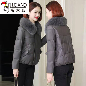 Woodpecker (tucano) genuine leather down jacket women's short 2026 new winter women's small thickened sheepskin fur coat dark gray warm and cold l recommended 105-115 pounds