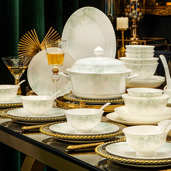 Nine cranes jingdezhen underglaze color tableware set high-end light luxury bone china housewarming gift bowls and plates high-end home complete set 46-piece set | high-quality bone china | high-end brocade box