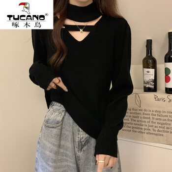 Woodpecker (tucano) large size women's clothing to cover the belly, hollow niche, long-sleeved bottoming shirt, spring, autumn and winter fat girl slimming half turtleneck knitted black xl recommended 120-140 pounds