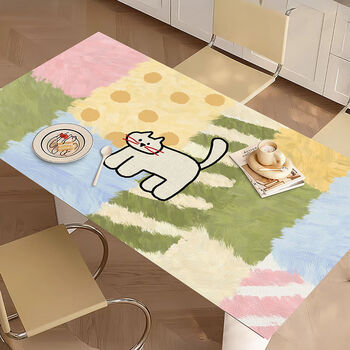 Fantasy tablecloth, insulated dining table mat, no-wash coffee table table mat, protective pad, curious cat painting, curved table/oval/round/for size customization, please contact customer service