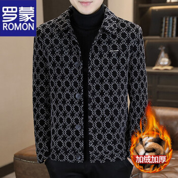 Romon autumn and winter woolen coat men's short velvet thickened plaid lapel korean style high-end warm woolen jacket gray 2xl