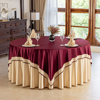 Fantasy high-end large round table tablecloth hotel restaurant round table tablecloth banquet meeting solid color tablecloth satin burgundy edge sand gold (exquisite satin) 220cm round table (with splicing)
