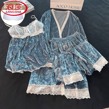 Langsha (langsha) gold velvet pajamas for women spring and autumn suspenders long-sleeved three-piece set autumn and winter style with cotton padded nightgown high-end home wear 1881# blue (three-piece set) m