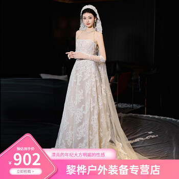 Oemg high-end welcome yarn french retro lace light wedding dress bride's high-end strapless forest style door yarn temperament off-white xs