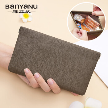 Banyanu new first layer cowhide wallet women ins large capacity ultra-thin leather storage bag simple portable cowhide coin purse gray