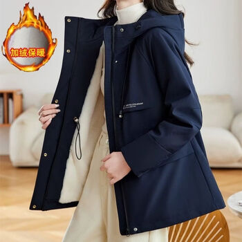 Woodpecker (tucano) korean style casual hooded parka for women 2025 winter new style mid-length waisted high-end plus velvet thickened jacket navy blue plus velvet for warmth l recommended 100-115 catties