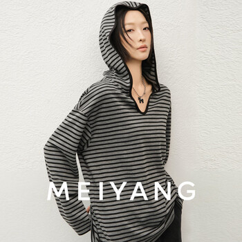 Meiyang vinyl bottoming shirt, soft, casual and loose-fitting hooded striped shirt - friday, black and gray stripes s