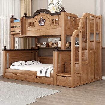 Solid wood upper and lower bunk bed, adult high and low bed, double bed, wooden bed, children's bed, double bed, thickened cabinet ladder - double drawers - 5cm brown mat, upper bed width 120, lower bed width 150 (comes with bookshelf)
