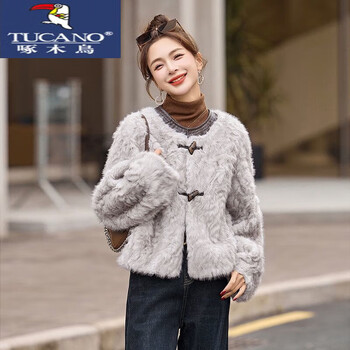 Woodpecker (tucano) 2025 new xiaohu fashion fragrance style horseshoe sleeves fur one-piece fur jacket women's versatile temperament short top silver gray xl 135-150 jin
