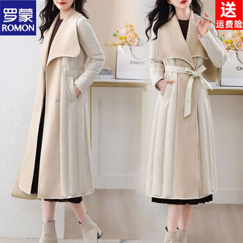 Romon european double-sided woolen spliced white duck down down jacket for women 2026 winter new temperament long hot style warm jacket off-white hangzhou original authentic s 85-100 catties