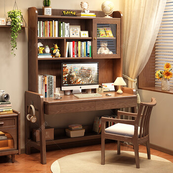 Huixun solid wood desk bookshelf integrated table student home computer desk lift desk bedroom adult study table fas grade rubber wood without veneer walnut color #desk + bookshelf 100cm*60cm*79cm total height 199cm