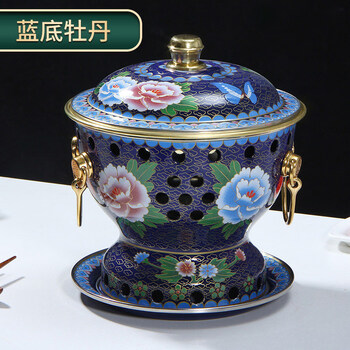 Tuojin germany imported quality cloisonné copper hot pot alcohol stove household small serving pot anti-scalding small hot pot enamel peacock blue peony stainless steel liner gift oil box_wick_fire extinguishing cover 1 inch