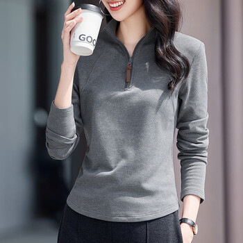 Yalu half turtleneck german velvet bottoming shirt for women 2025 winter new style half zipper slim fit plus velvet outer wear inner top gray s