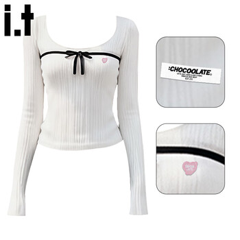 Chocoolate it women's korean style u-neck bow slim inner wear for women 2025 winter soft and skin-friendly slimming long-sleeved top white l