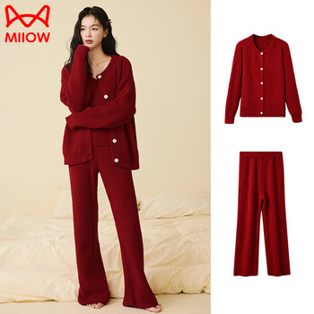 Cat man (miiow) red half-velvet pajamas for women in the year of birth, winter new style, plus velvet, thickening and warmth, high-end home wear two-piece set, red, fashionable stripes, thickening and warmth, m, recommended 80-100 pounds
