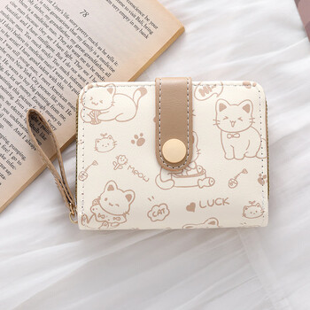 Simple cute kitten japanese style ladies buckle coin bit hand strap female multifunctional short wallet wallet milk tea color