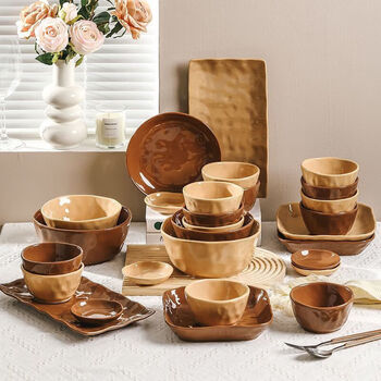 Tuojin coffee milk tea color tableware set antique retro household dishes move-in gift bowls dishes spoons chopsticks caramel solid color 8-person meal 35-piece set