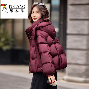 Woodpecker short hooded down jacket for women 2025 winter new style small fashionable bread coat warm and thickened jacket thin angora red thin s