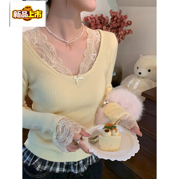 Chujing v-neck lace plus velvet thickened knitted bottoming shirt for women autumn and winter new style white inner sweater warm top milk yellow lace style s