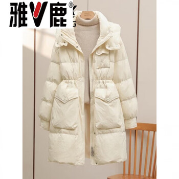 Yalu white goose down down jacket women's mid-length 2026 new korean style hooded waist slimming thick warm winter jacket goose down jacket 95% white goose down women-off white s _recommended 90-120 catties