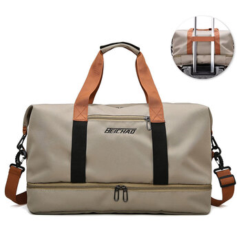 Hushe travel bag handbag short-distance travel men and women large capacity oxford luggage bag lightweight dry and wet separation sports fitness khaki long shoulder strap + pull rod + dry and wet separation