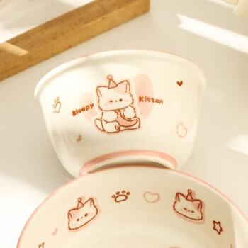 Tuojin jingdezhen ceramic tableware for one person, four-piece set of bowls and chopsticks set for one person, high-value handle bowl for adults, sleepy kitten 4.8-inch soup bowl, 1-piece set