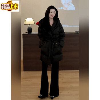 Sorrynam feeling hooded mid-length loose down jacket winter new warm thickened lace-up white duck down jacket black down jacket s recommended 80-96 pounds