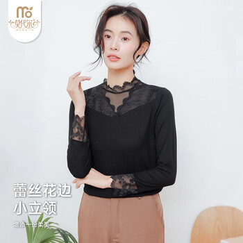Modal black lace shirt autumn new women's half turtleneck bottoming shirt long-sleeved stand-up collar t-shirt slim shirt
