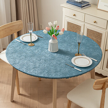 Caizhi tablecloth round table no-wash cover all-inclusive non-slip elastic tablecloth waterproof, oil-proof and anti-scalding hotel round dining table pine branch-lake blue 9-8 180cm round table diameter