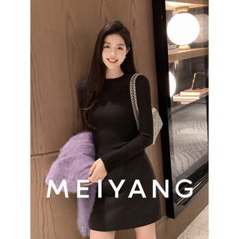 Meiyang senior school girl's bottoming shirt sheep wool | round neck right shoulder slim slim knitted sweater - monday black s