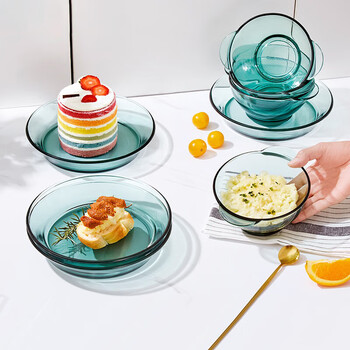 Corning tableware dish set lake green tableware 8-piece set heat-resistant glass rice bowl plate microwave safe