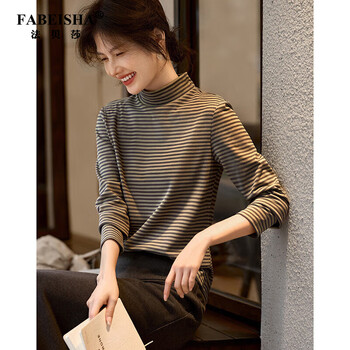 Fabersa brand fashion striped bottoming shirt for women in autumn and winter new simple warm t-shirt with long-sleeved top, gray green l 115kg-125kg