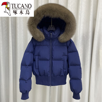 Woodpecker (tucano) 90 white duck down down collar waist down jacket women's short 2026 winter new small bread jacket thickened jacket navy blue real fox fur collar detachable hat s 80-105 jin