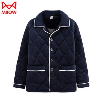 Miiow men's pajamas autumn and winter three-layer thickened plus velvet coral fleece quilted warm middle-aged and elderly dad plus size home clothes single top sapphire blue three-layer quilted wind and cold resistance 3xl recommended weight 170-190 pounds